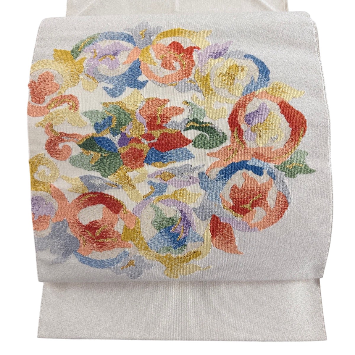 名古屋帯 秀品 八寸名古屋帯 松葉仕立て 草花 金銀糸 クリーム 正絹 【中古】