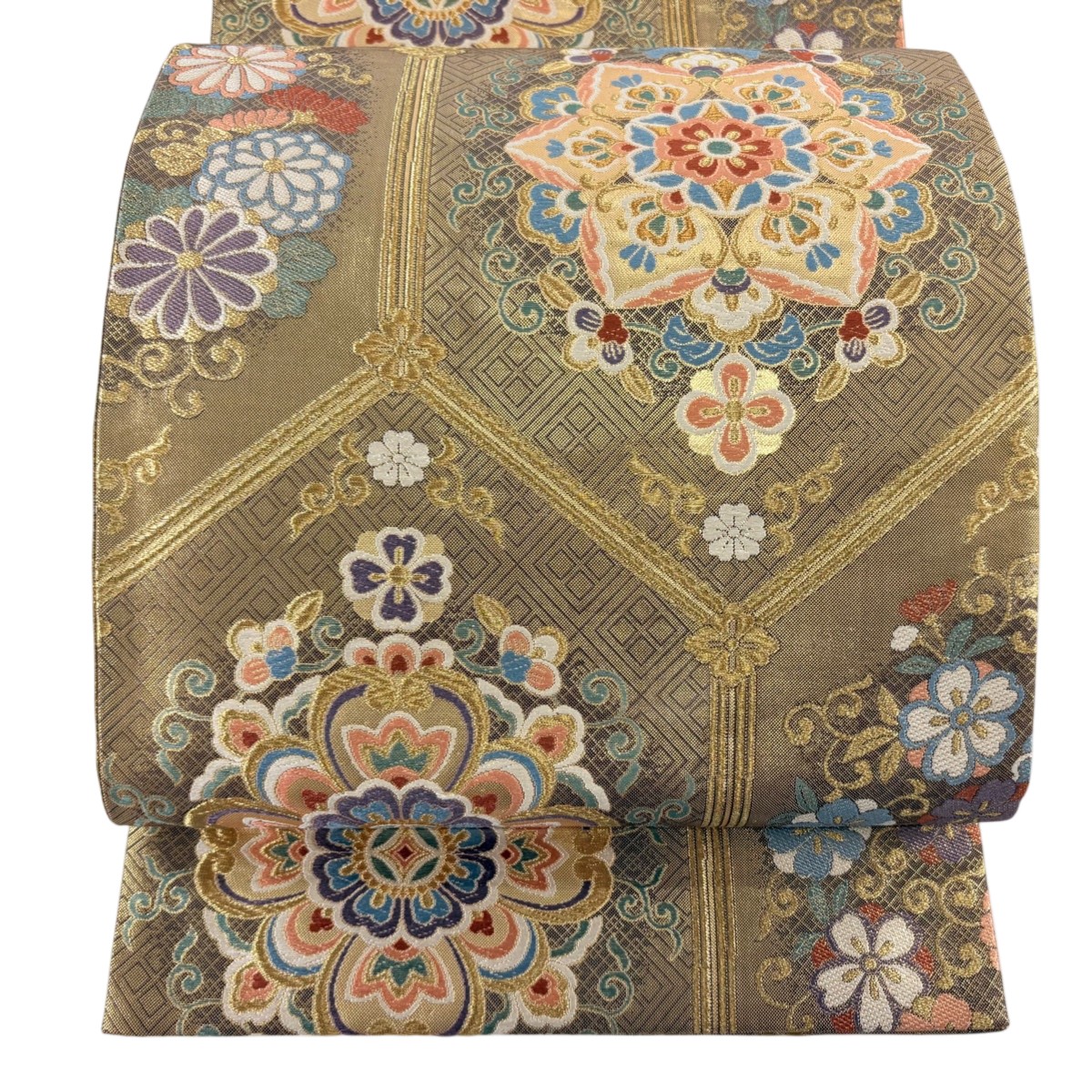 【美品】 袋帯 秀品 亀甲華文 花唐草 金糸 箔 金色 六通 正絹 【中古】