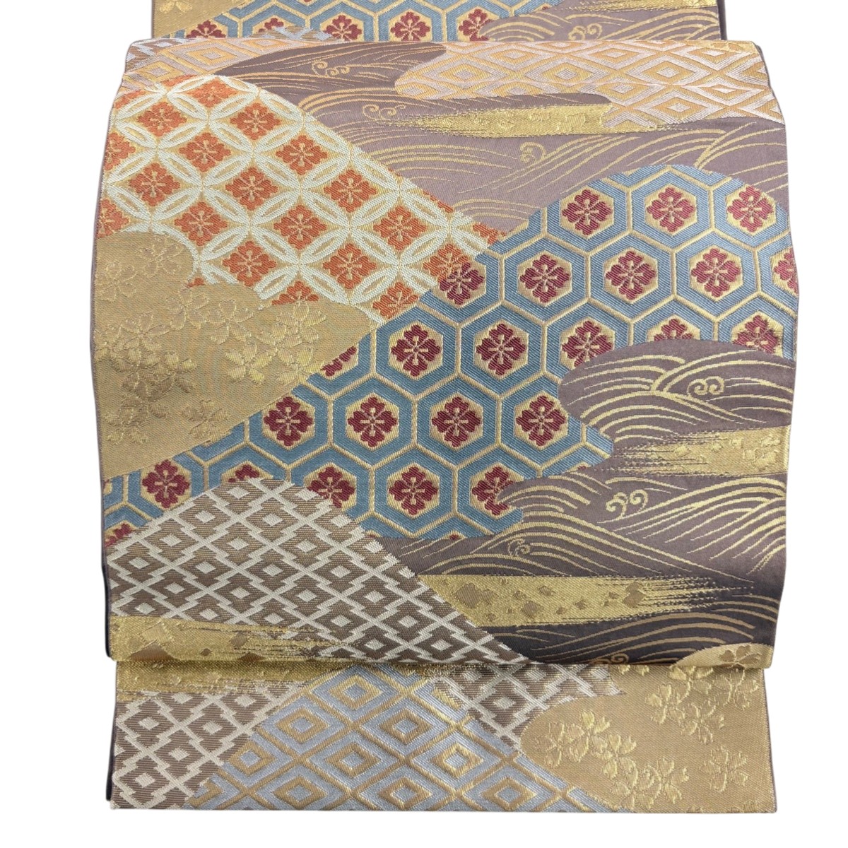 【美品】 袋帯 秀品 七宝 亀甲 金糸 箔 小豆色 六通 正絹 【中古】