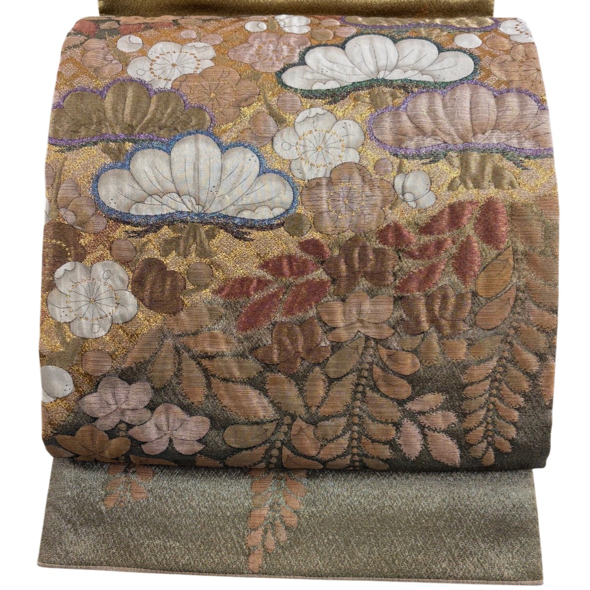 【美品】 袋帯 秀品 関西仕立て 松梅 草花 金糸 箔 茶色 お太鼓柄 正絹 【中古】