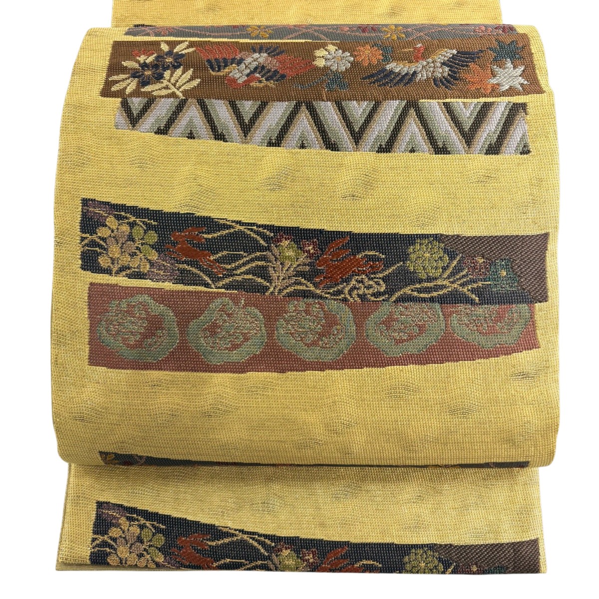 【美品】 袋帯 秀品 うさぎ 花鳥 金糸 箔 金色 六通 正絹 【中古】