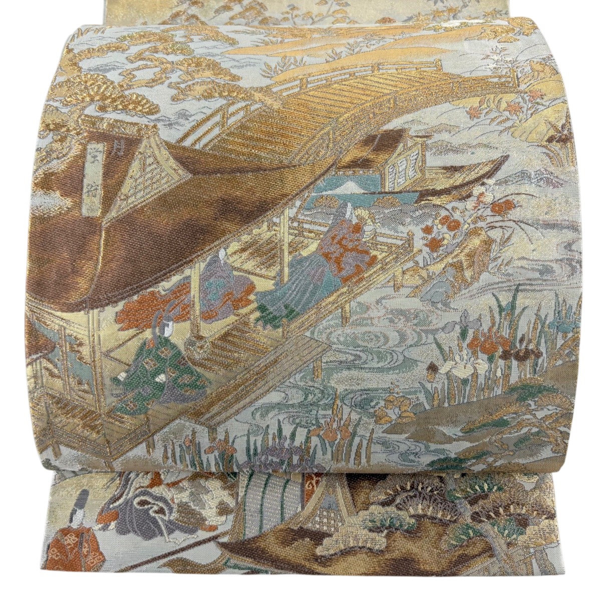 【美品】 袋帯 秀品 風景 人物 箔 金糸 銀色 お太鼓柄 正絹 【中古】