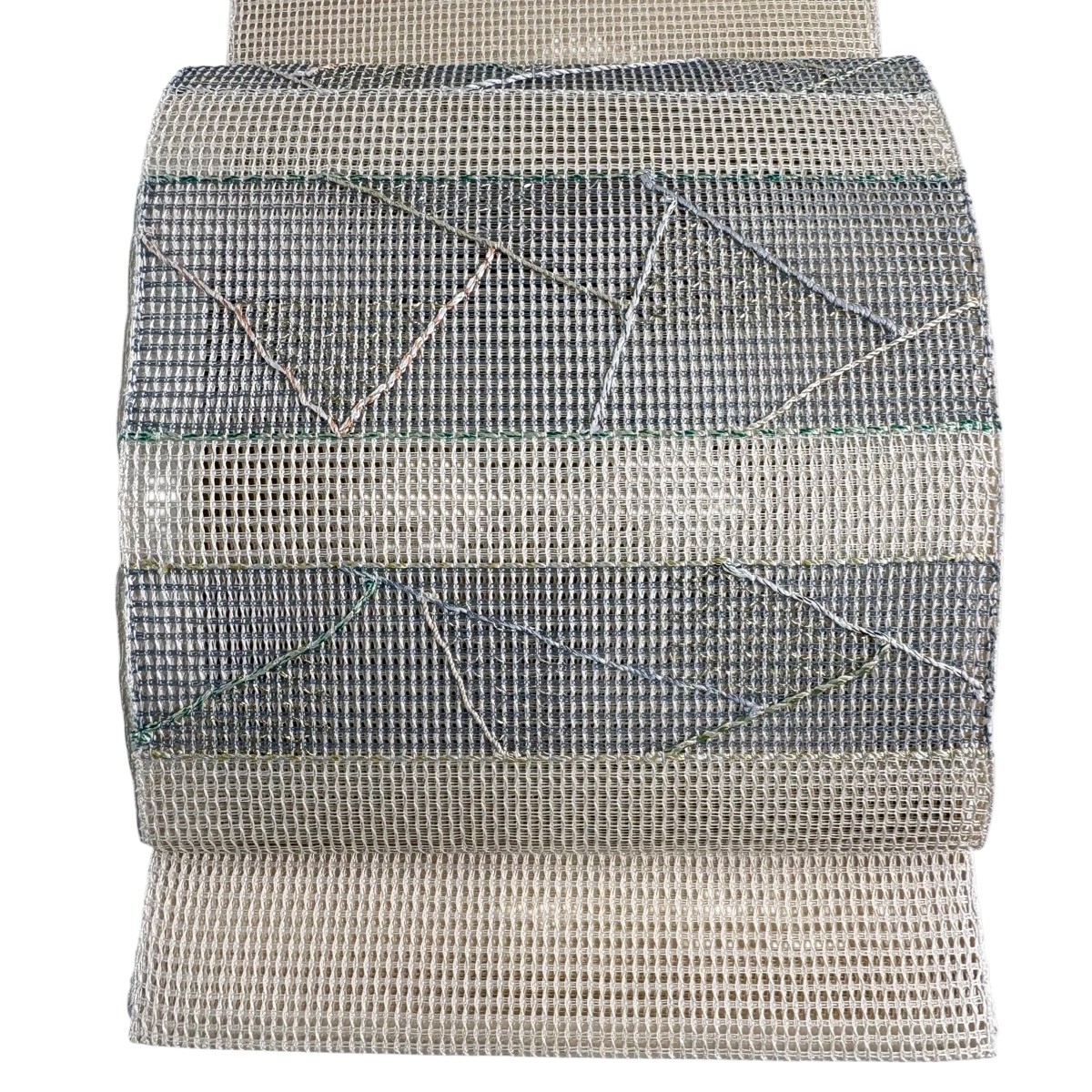 【美品】 名古屋帯 秀品 夏帯 八寸名古屋帯 羅織 段縞 幾何学 金銀糸 クリーム 正絹 【中古】