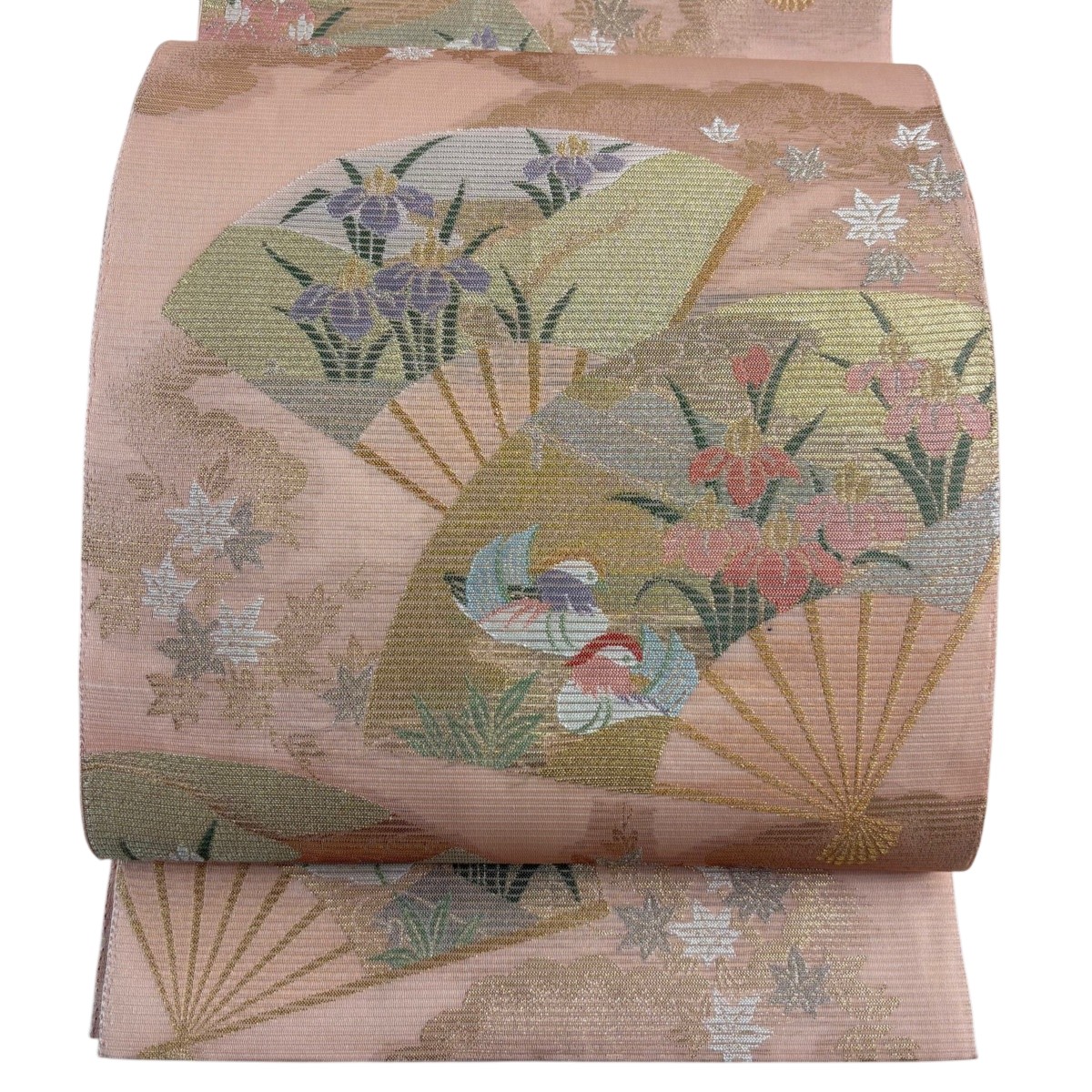 【美品】 袋帯 秀品 夏帯 扇 花鳥 金銀糸 薄ピンク お太鼓柄 正絹 【中古】