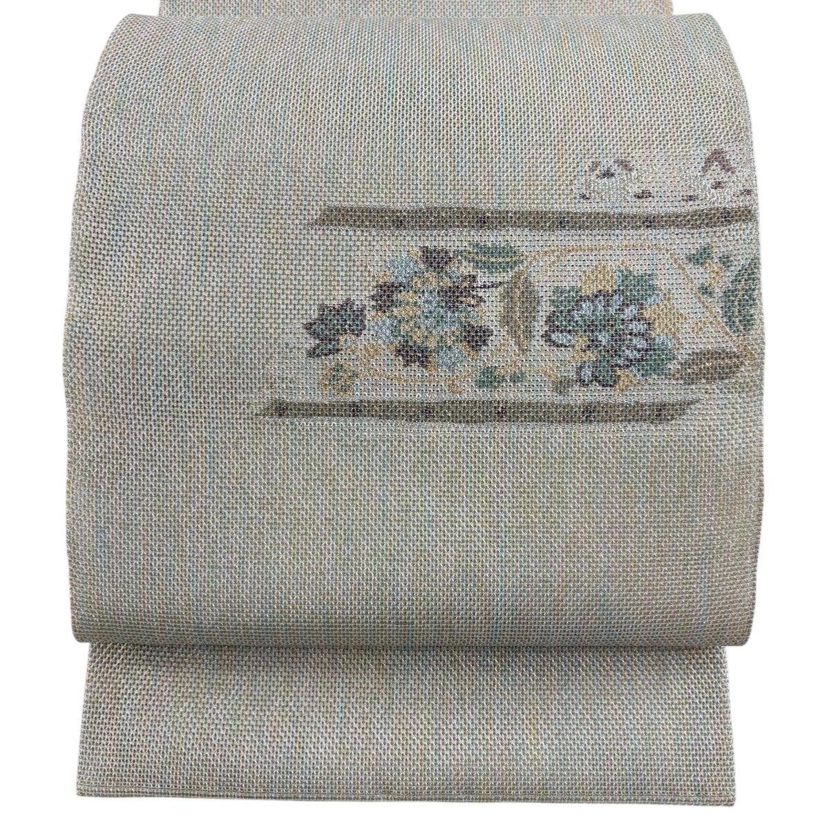 袋帯 秀品 夏帯 関西仕立て 草花 銀糸 箔 灰緑 お太鼓柄 正絹 【中古】