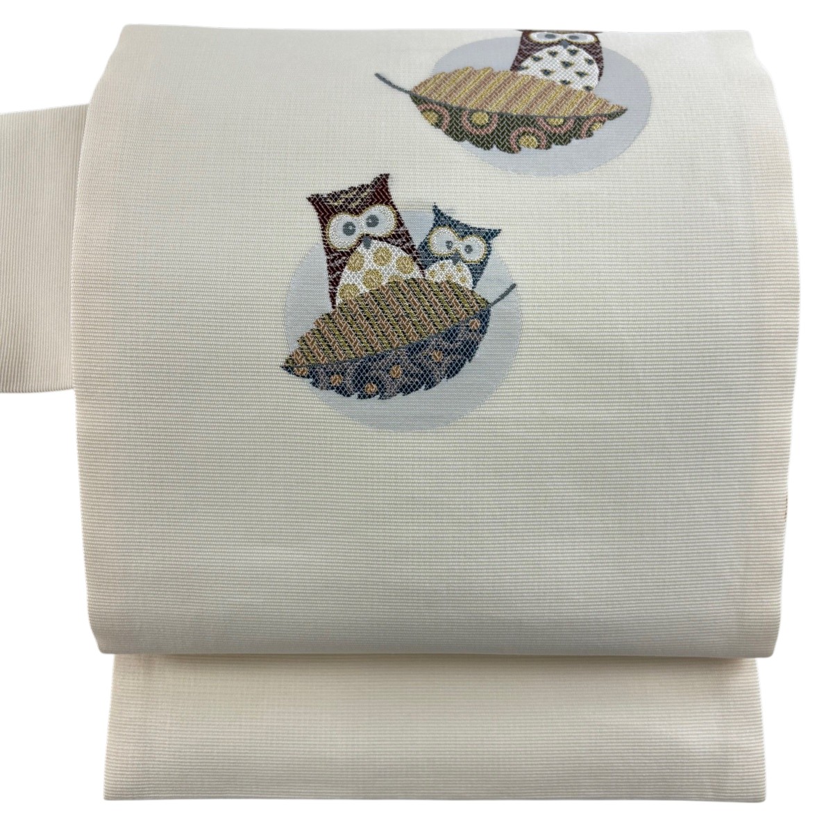 名古屋帯 秀品 夏帯 ふくろう 葉 金糸 刺繍 ベージュ 正絹 【中古】