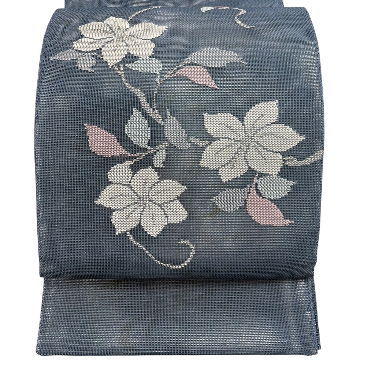 【美品】 袋帯 秀品 夏帯 草花 銀糸 箔 青灰色 お太鼓柄 正絹 【中古】