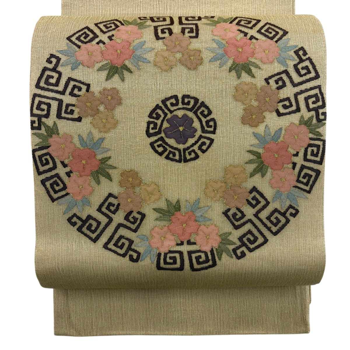 【美品】 袋帯 逸品 夏帯 雷紋 草花 金糸 金色 お太鼓柄 正絹 【中古】