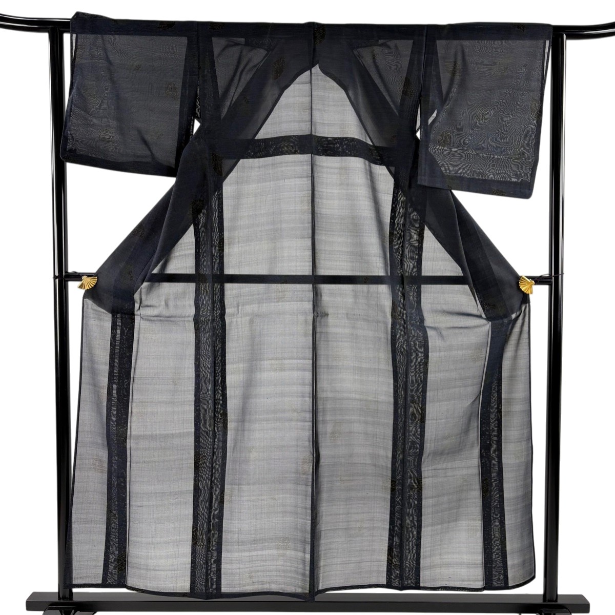 【美品】 紬 身丈156cm 裄丈62.5cm S 薄物 夏紬 扇 幾何学模様 濃紺 正絹 秀品 【中古】
