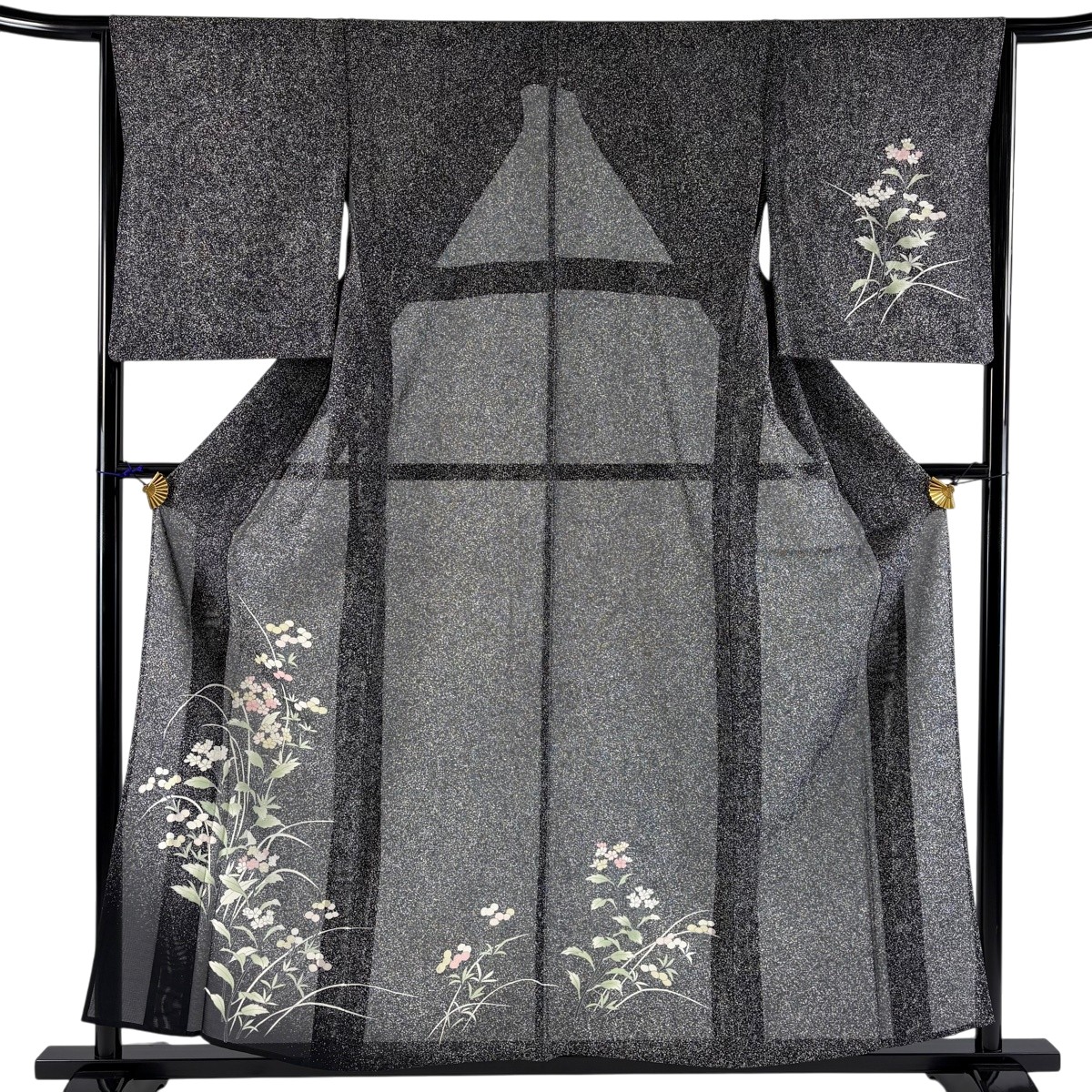 付下げ 身丈157.5cm 裄丈64cm M 薄物 絽 草花 銀彩 黒 正絹 秀品 【中古】