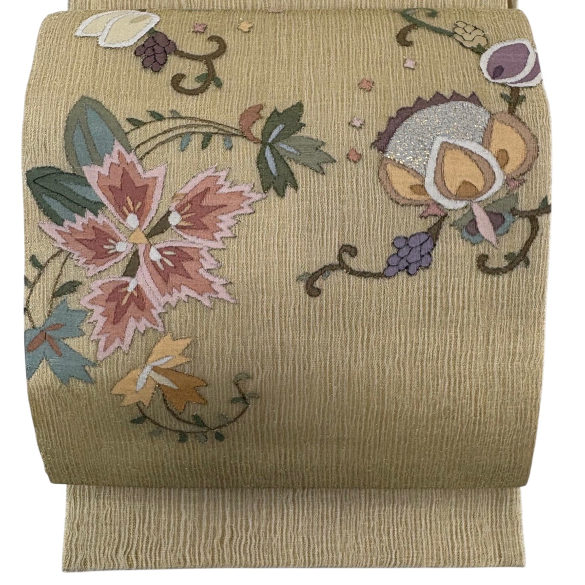 袋帯 名品 夏帯 草花 金糸 箔 金色 お太鼓柄 正絹 【中古】