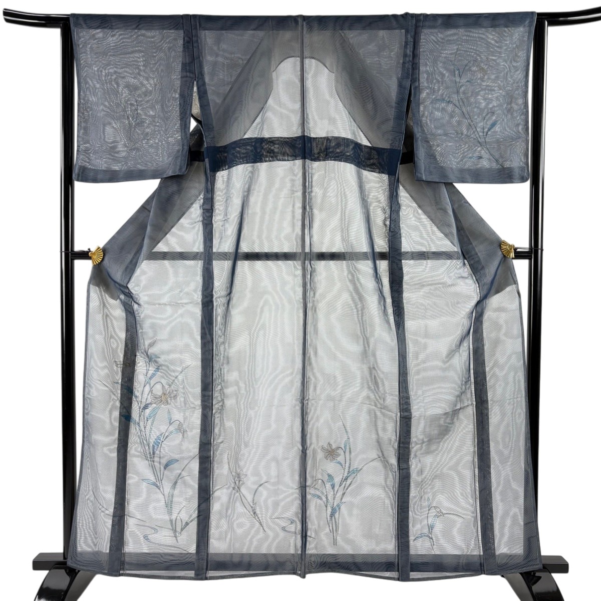 【美品】 付下げ 身丈161cm 裄丈63.5cm S 紗袷 百合 流水 金彩 紺色 正絹 名品 【中古】