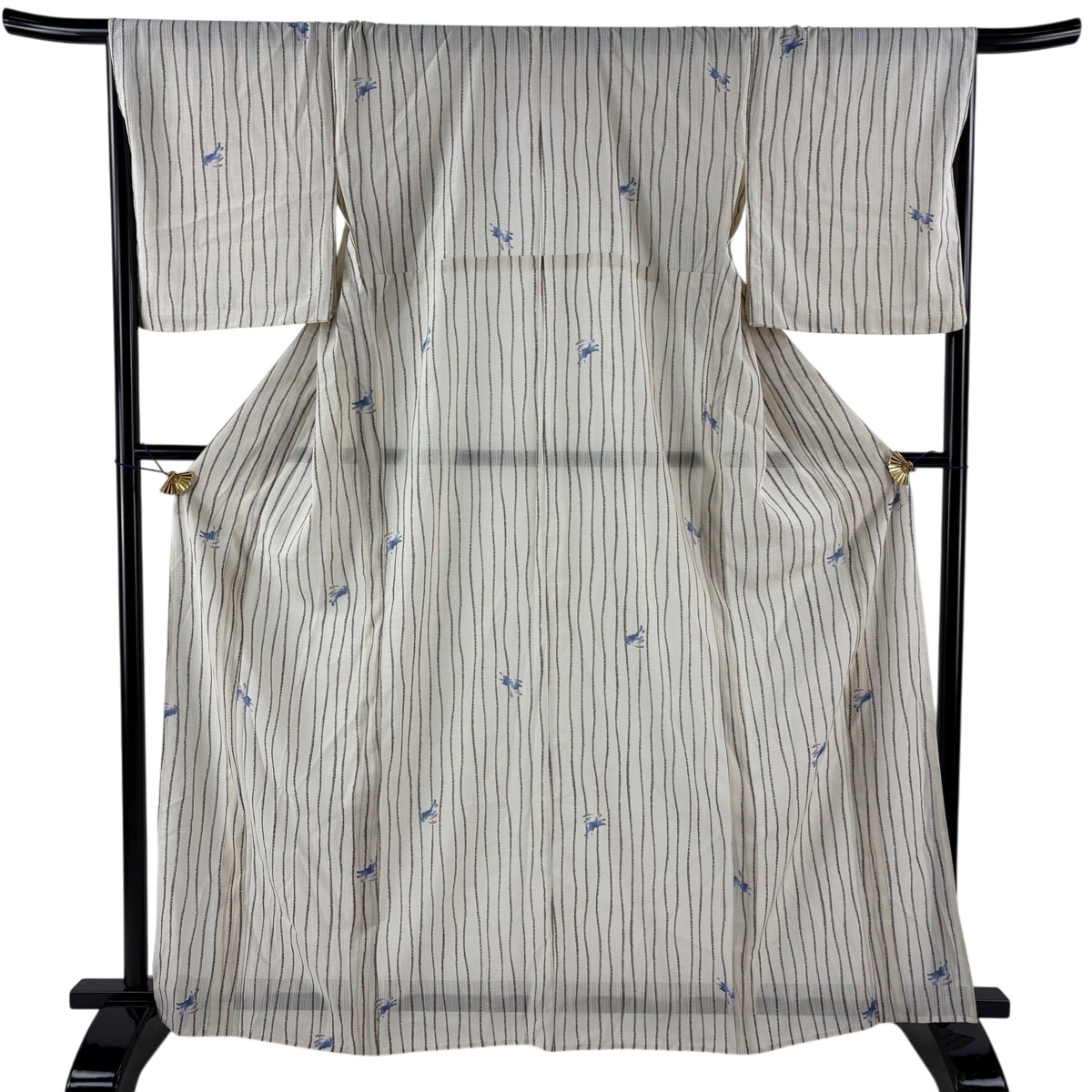【美品】 小紋 身丈166cm 裄丈67.5cm L 薄物 うさぎ よろけ縞 クリーム 化繊 名品 【中古】