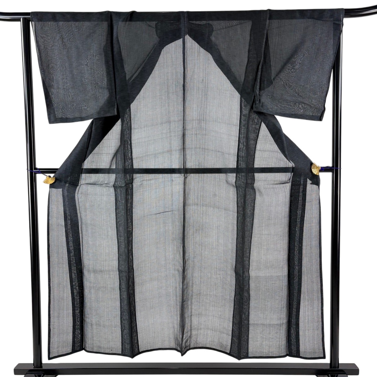 男着物 身丈153.5cm 裄丈64.5cm L 薄物 夏紬 幾何学模様 青黒 正絹 名品 【中古】