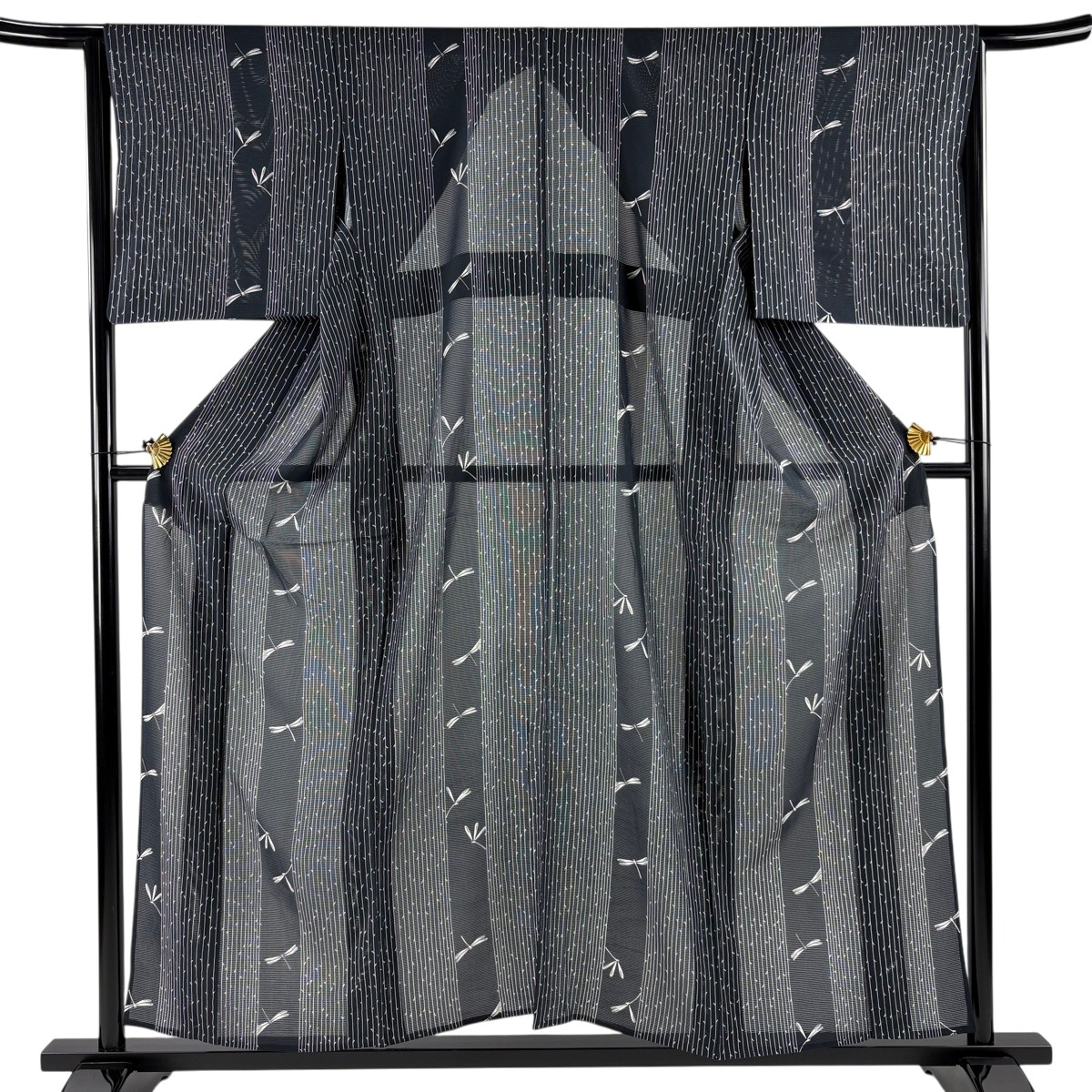 小紋 身丈155.5cm 裄丈65cm M 薄物 絽 トンボ 柳 濃紺 正絹 名品 【中古】