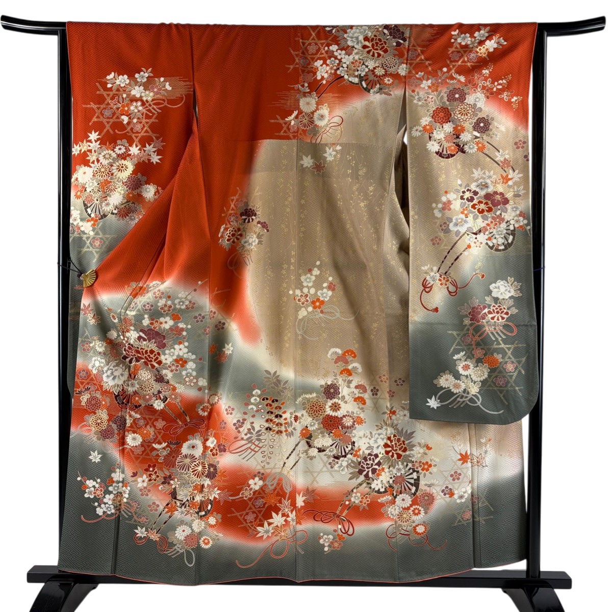 振袖 身丈159cm 裄丈65cm M 袷 花車 枝梅 金彩 ぼかし 朱色 正絹 秀品 【中古】