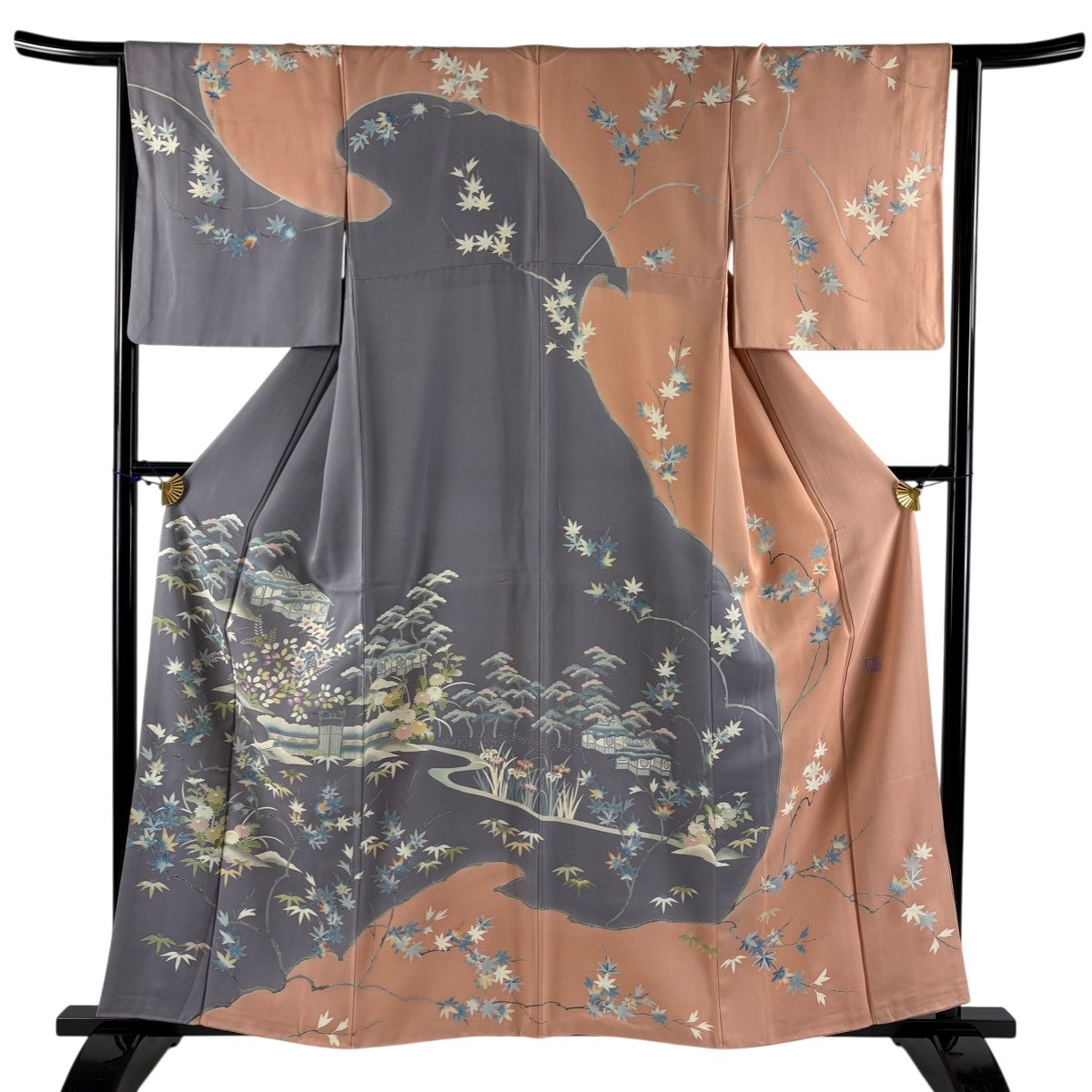 訪問着 身丈159.5cm 裄丈64.5cm M 袷 落款あり 家屋 草花 染分け 灰紫 正絹 秀品 【中古】