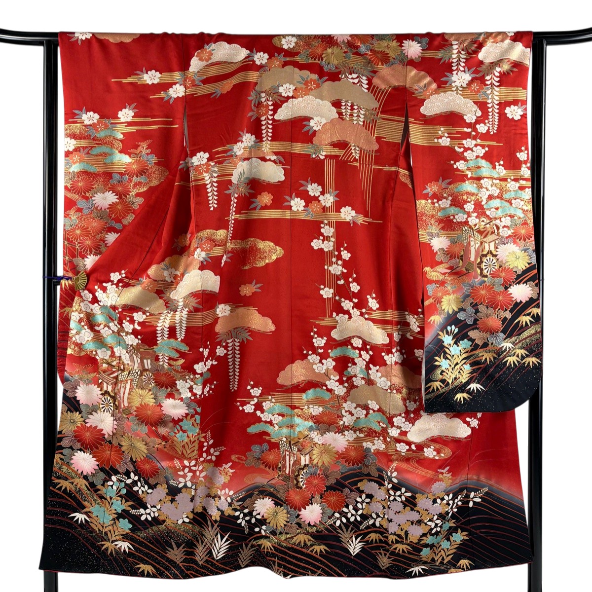 振袖 身丈150.5cm 裄丈64cm M 袷 御所車 松竹梅 金糸 金彩 赤 正絹 秀品 【中古】