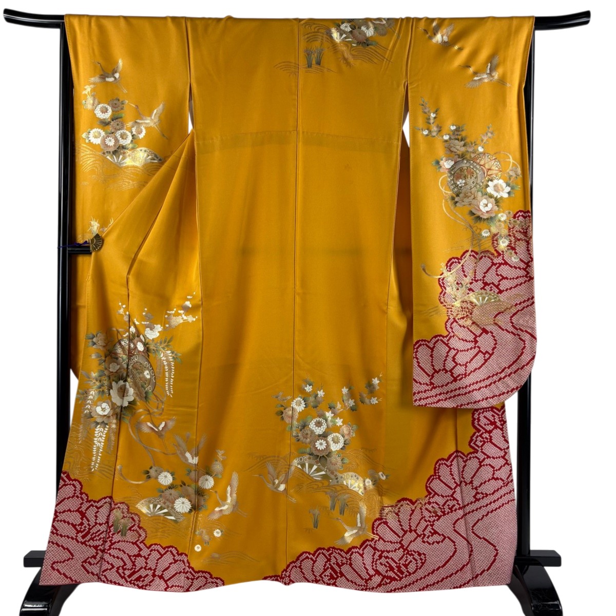 振袖 身丈164cm 裄丈66cm M 袷 鼓 草花 金彩 絞り オレンジ 正絹 秀品 【中古】