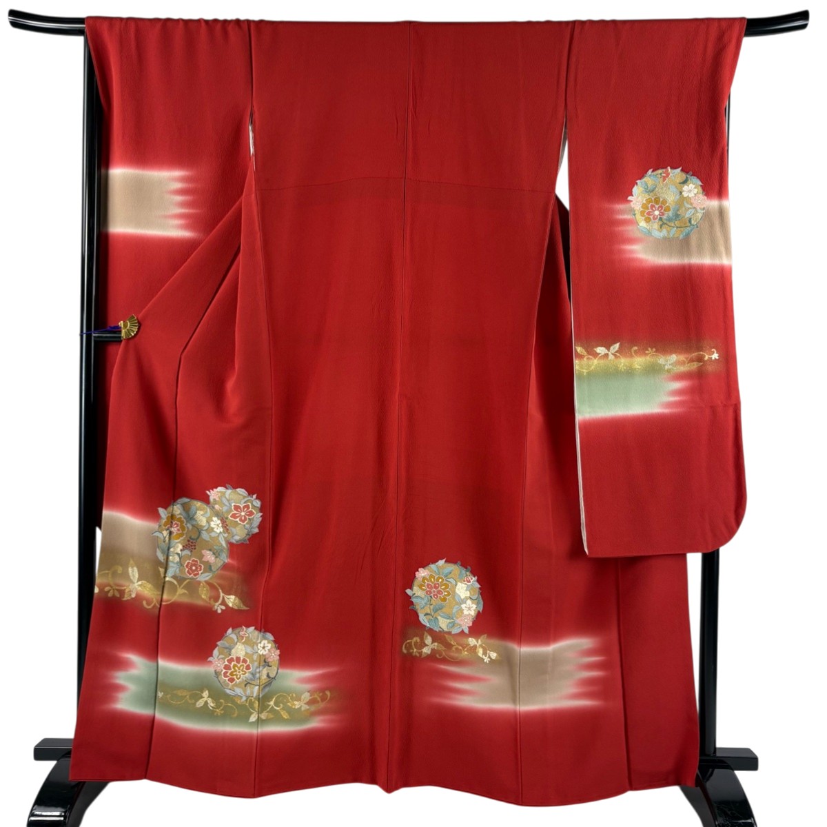 振袖 身丈164.5cm 裄丈69cm L 袷 花丸文 霞 金銀彩 ぼかし 朱色 正絹 秀品 【中古】