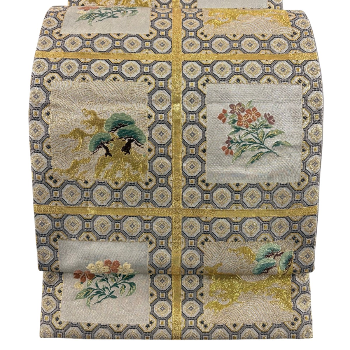袋帯 秀品 宮殿格天井 草花 箔 金糸 灰紫 六通 正絹 【中古】