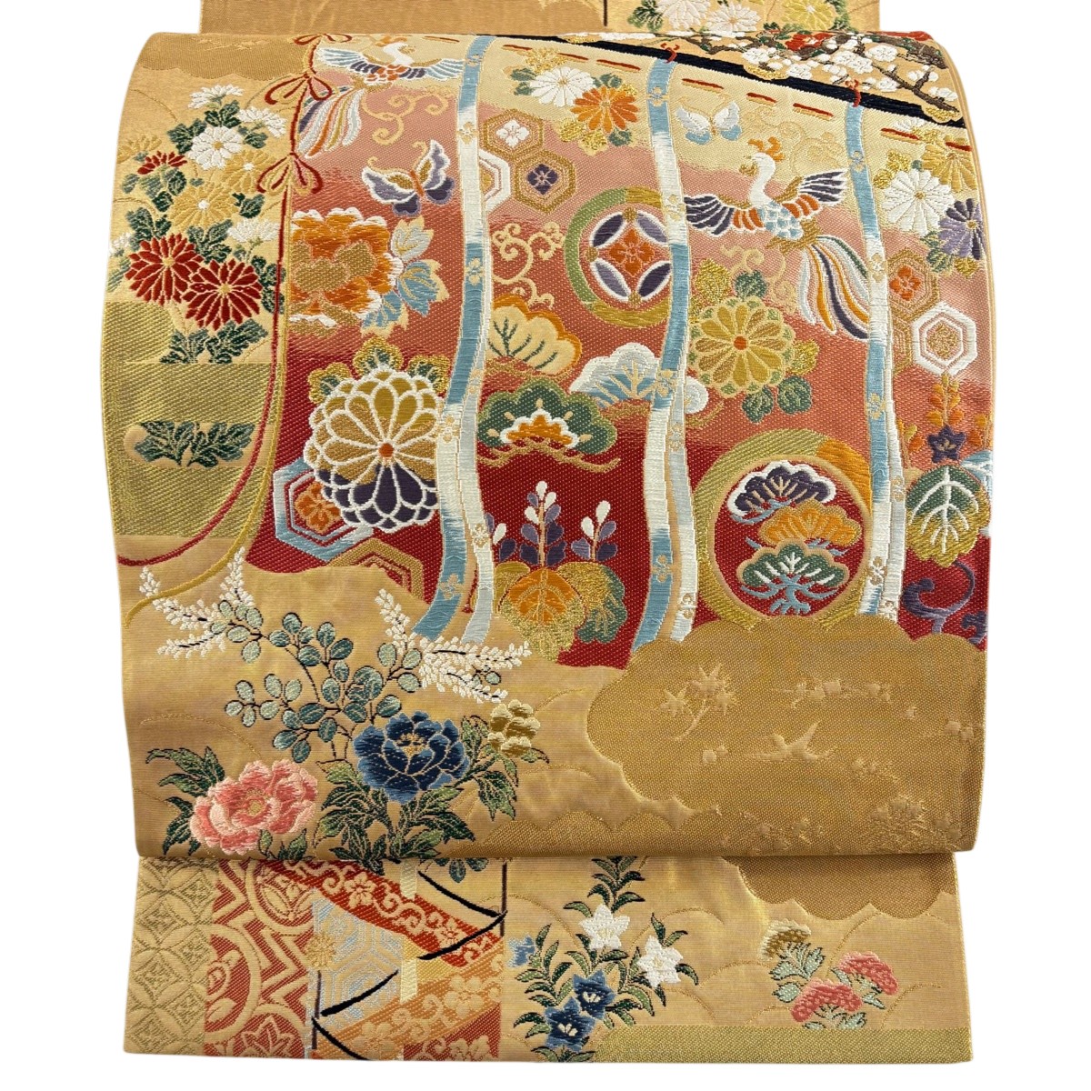 袋帯 秀品 几帳 花鳥 金糸 箔 金色 六通 正絹 【中古】
