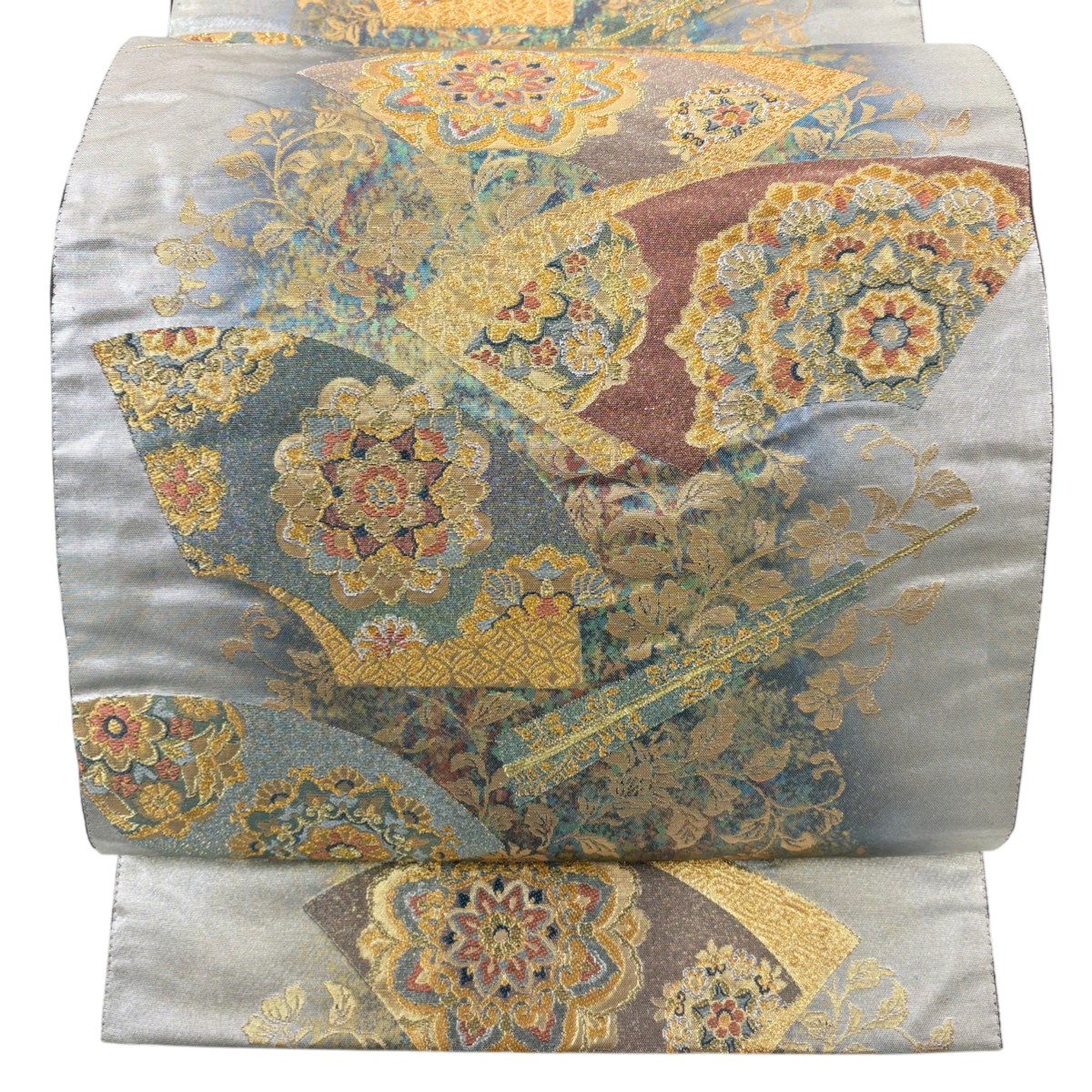 袋帯 秀品 扇面 花唐草 金銀糸 箔 銀色 六通 正絹 【中古】