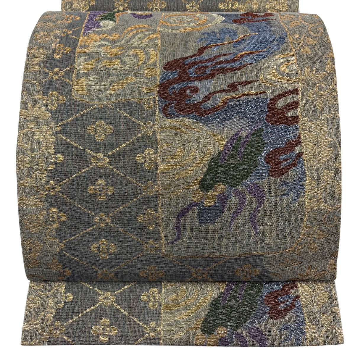 【美品】 袋帯 秀品 鳳凰 龍 箔 金糸 灰緑 六通 正絹 【中古】