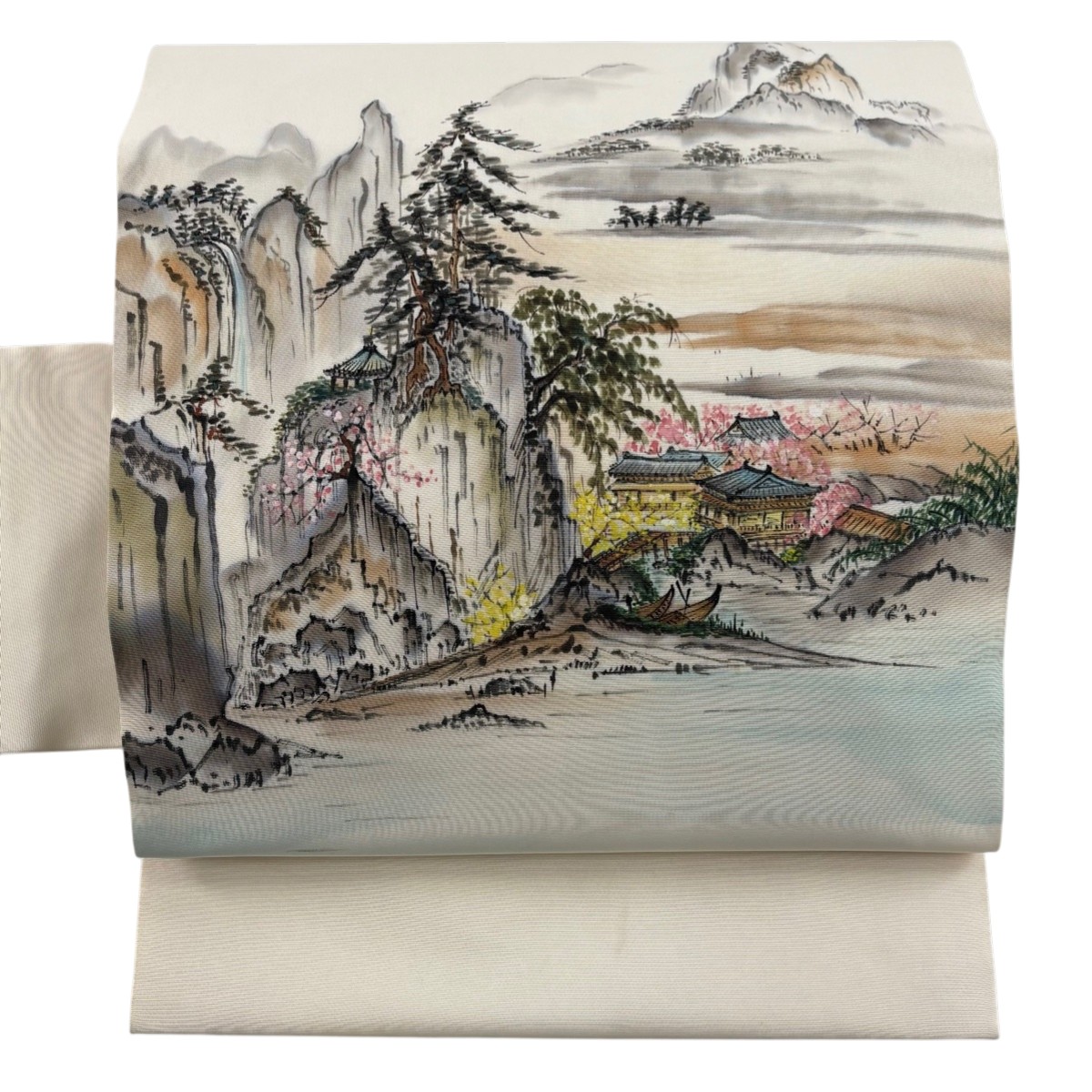 名古屋帯 秀品 落款あり 風景 クリーム 正絹 【中古】