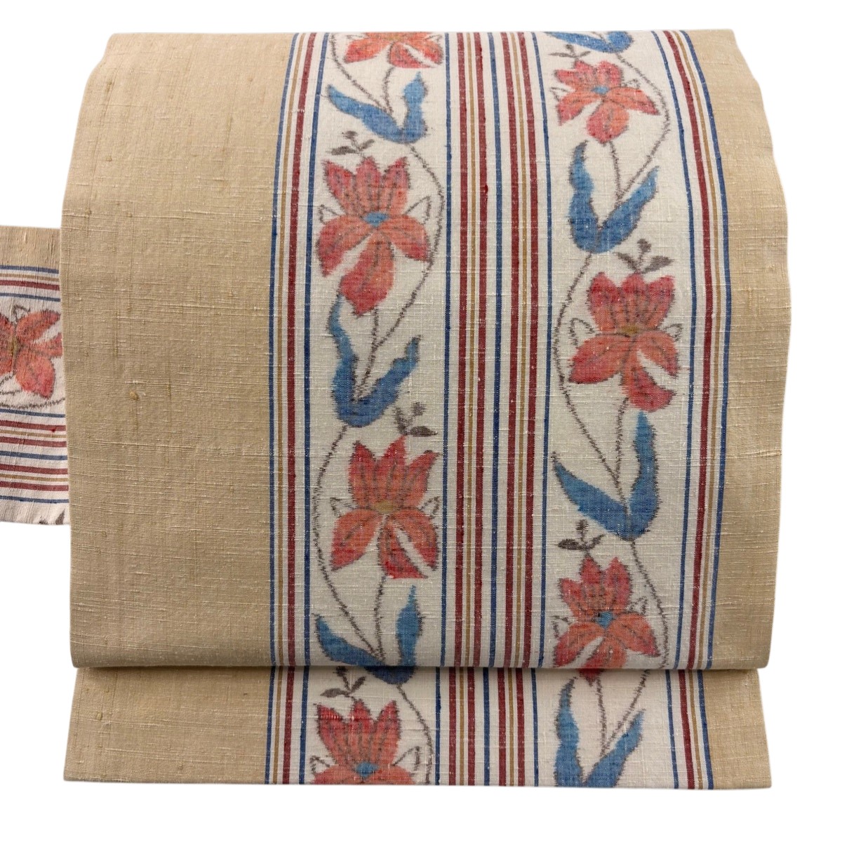 【美品】 名古屋帯 秀品 紬地 縞 草花 ベージュ 正絹 【中古】