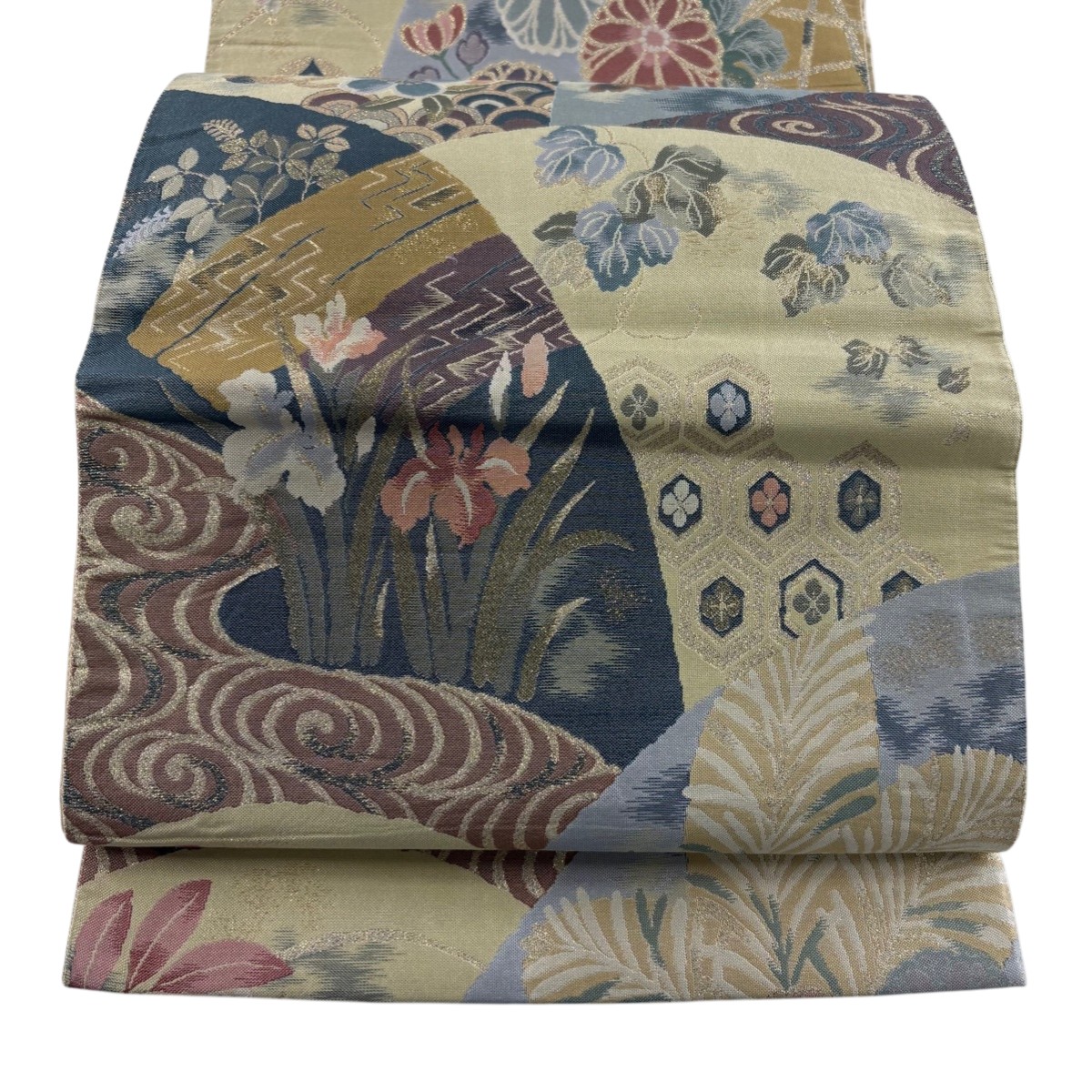 袋帯 秀品 菊 枝梅 箔 ベージュ 六通 正絹 【中古】