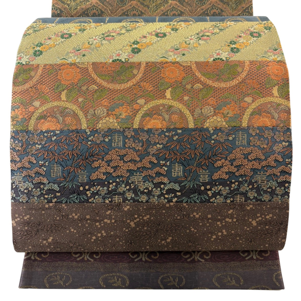 【美品】 袋帯 秀品 草花 松竹梅 裂嵌め 金糸 茶紫 全通 正絹 【中古】