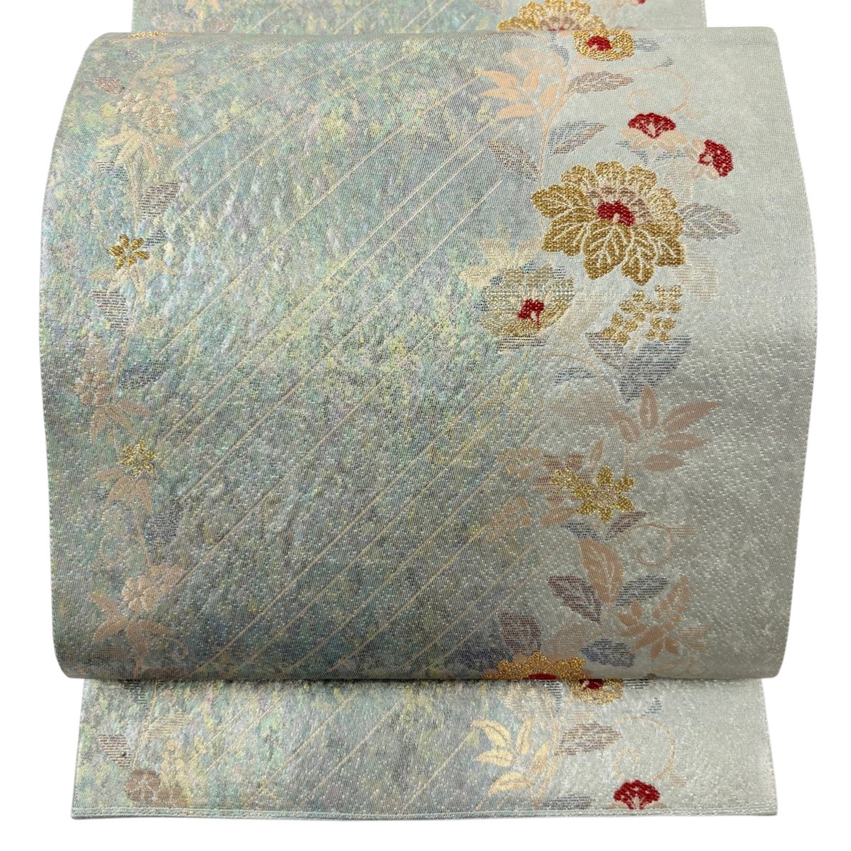 【美品】 袋帯 秀品 関西仕立て 草花 斜縞 金糸 箔 灰緑 六通 正絹 【中古】