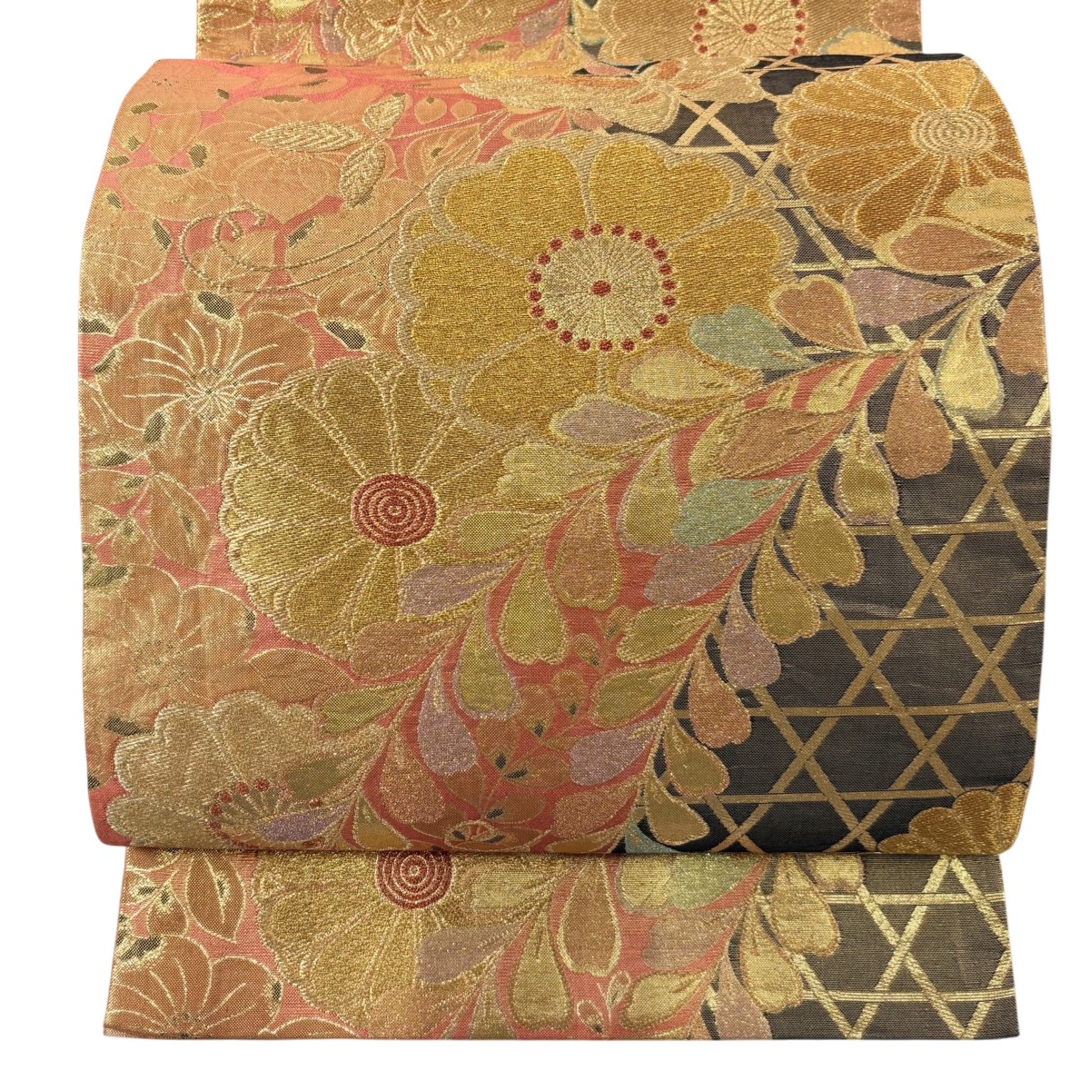 袋帯 秀品 草花 蝶 金糸 箔 サーモンピンク 六通 正絹 【中古】