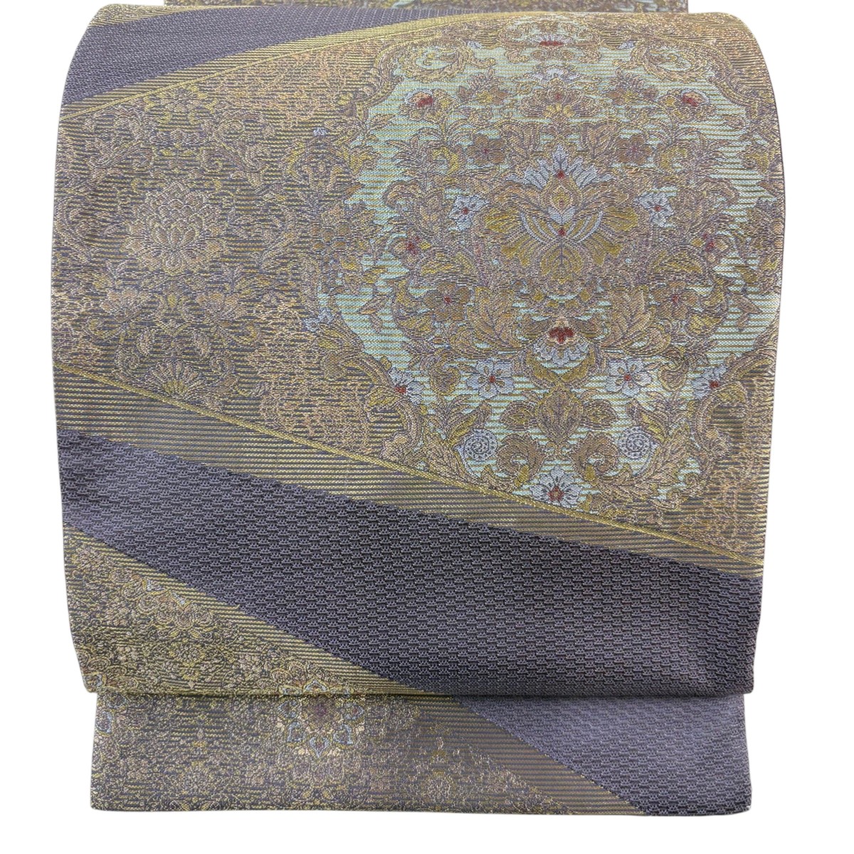 【美品】 袋帯 秀品 開花文 華文 金糸 箔 紫 六通 正絹 【中古】