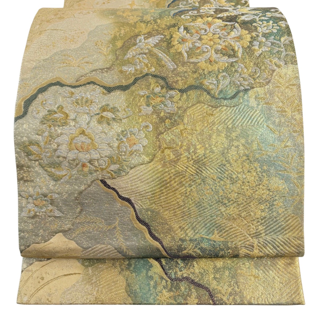 【美品】 袋帯 秀品 天平道長 花鳥 華文 箔 金糸 金色 六通 正絹 【中古】