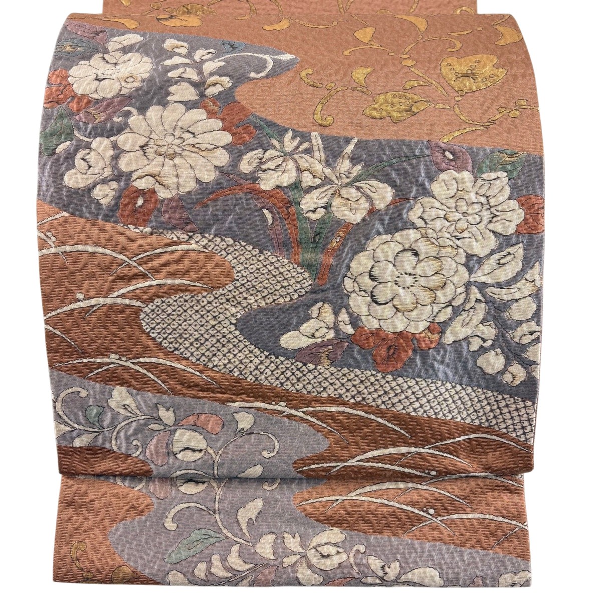 【美品】 袋帯 秀品 草花 流水 箔 赤茶 六通 正絹 【中古】