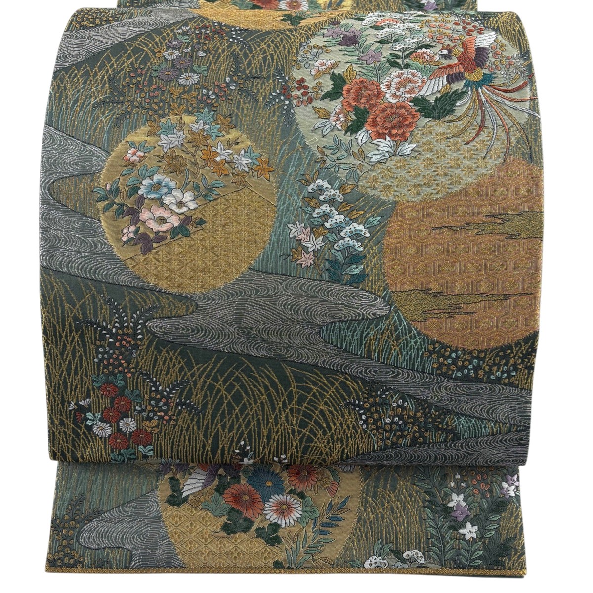 【美品】 袋帯 秀品 花丸文 流水 箔 唐織 深緑 六通 正絹 【中古】