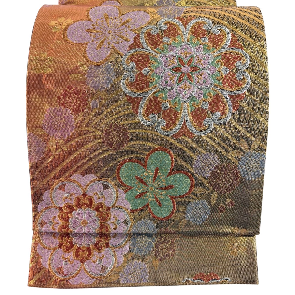 袋帯 秀品 華文 波 金銀糸 箔 金色 六通 正絹 【中古】