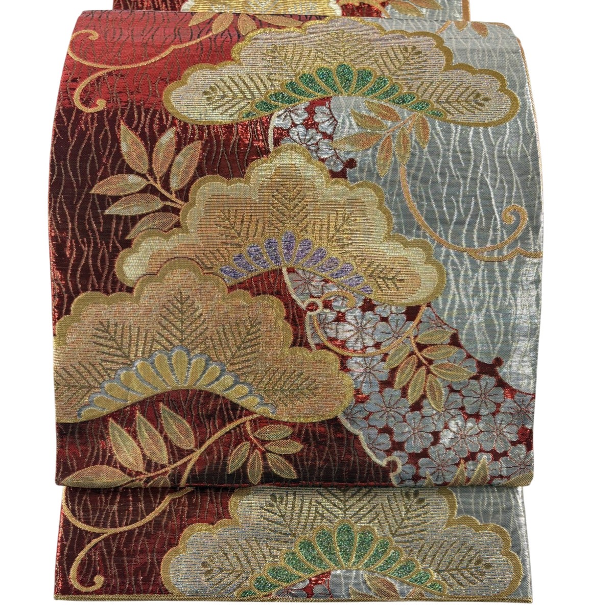 袋帯 秀品 笠松 桜 箔 赤 六通 正絹 【中古】
