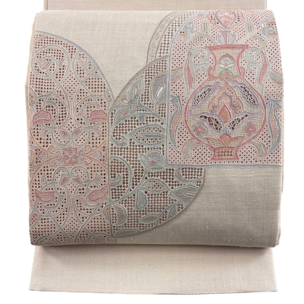 【美品】 袋帯 秀品 器物 草花 刺繍 ピンク お太鼓柄 正絹 【中古】