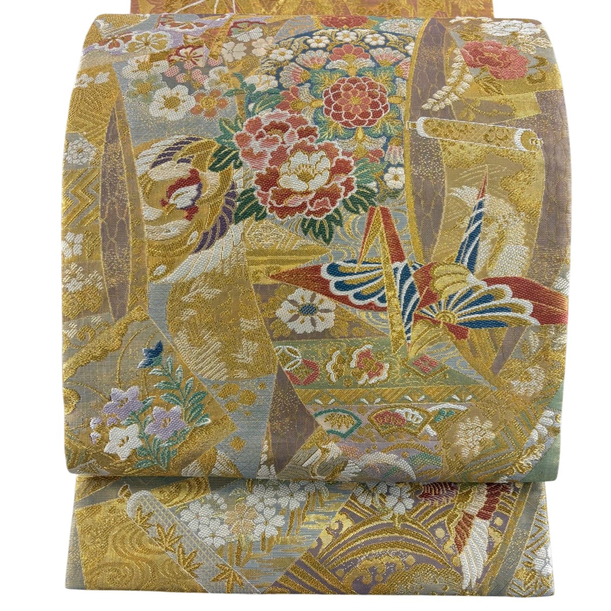 【美品】 袋帯 秀品 折り鶴 花鳥 金銀糸 箔 金色 お太鼓柄 正絹 【中古】