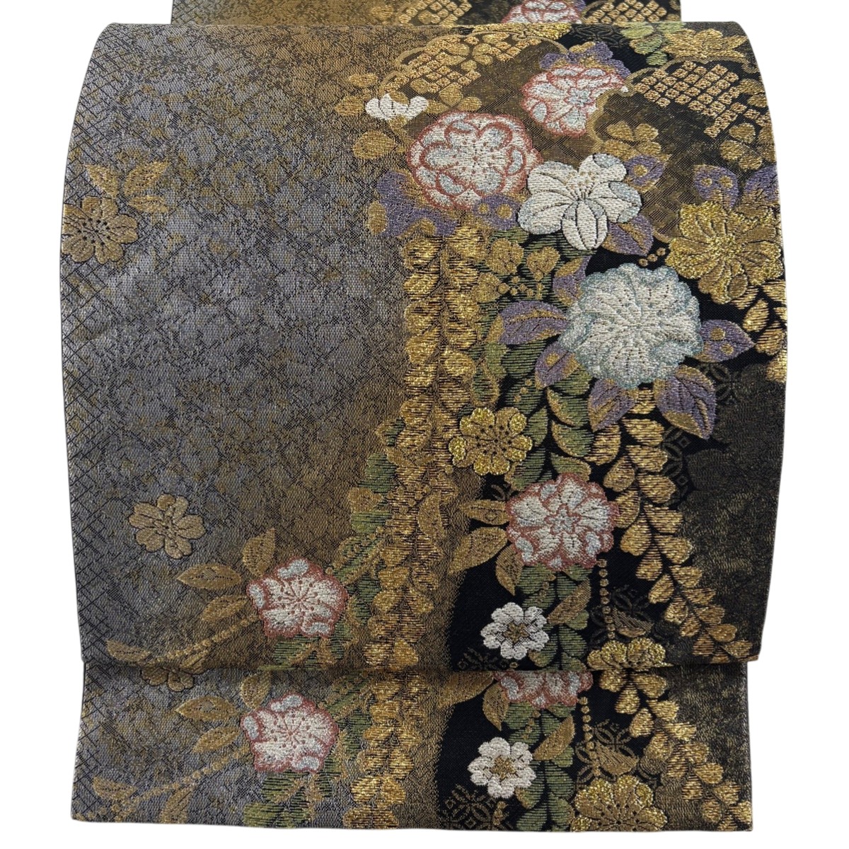 袋帯 秀品 やまと 草花 菱 金糸 箔 黒 六通 正絹 【中古】