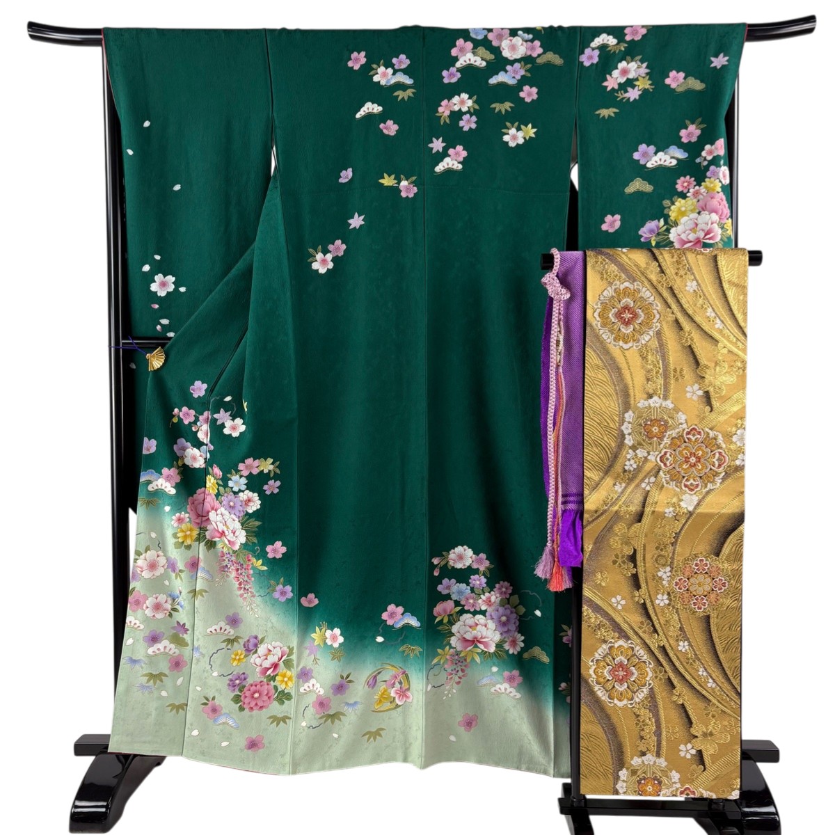 【美品】 振袖 身丈161cm 裄丈67cm M 袷 袋帯フルセット 牡丹 桜 金彩 染分け 緑 正絹 秀品 【中古】