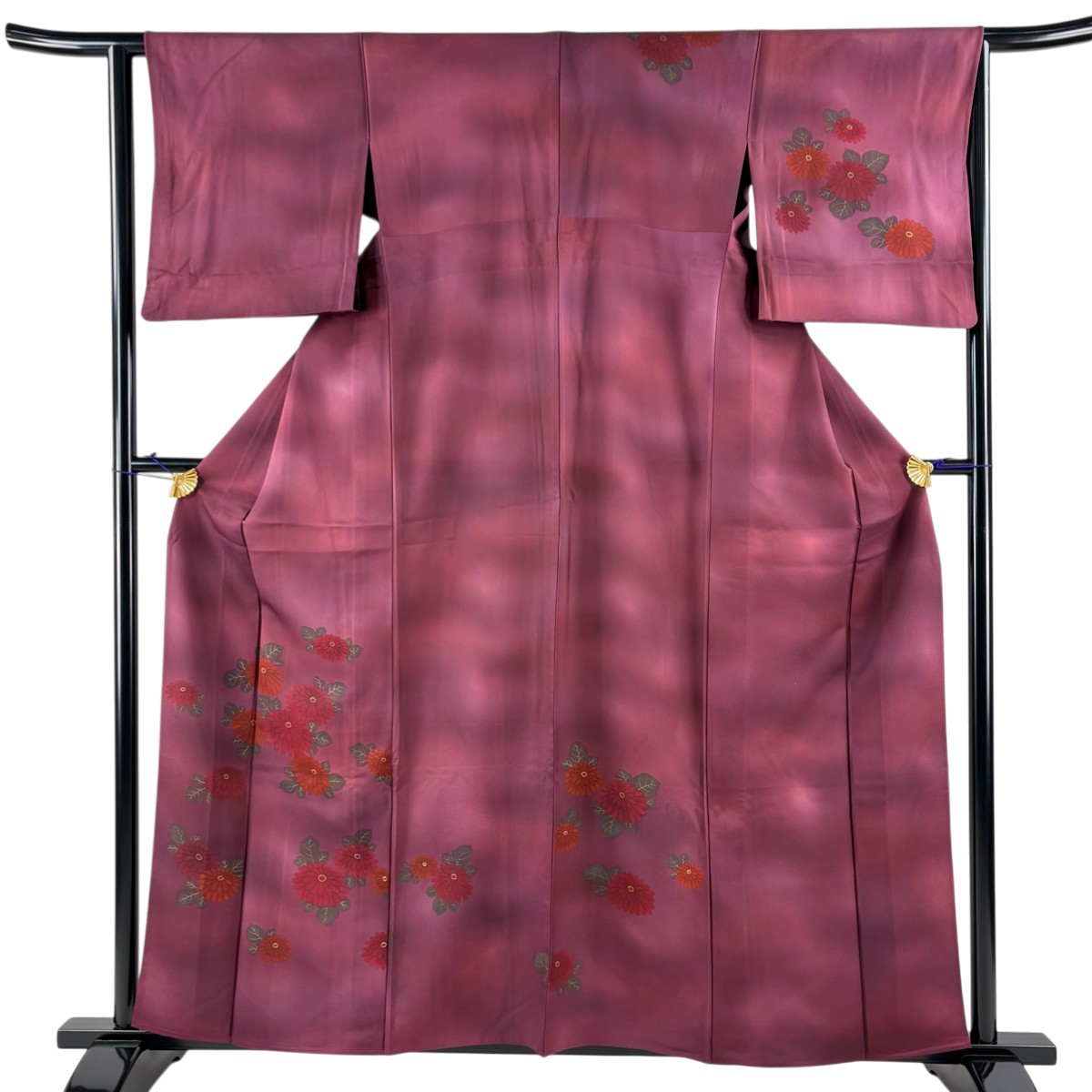 【美品】 付下げ 身丈158.5cm 裄丈63.5cm S 単衣 菊 ぼかし 金彩 赤紫 正絹 秀品 【中古】