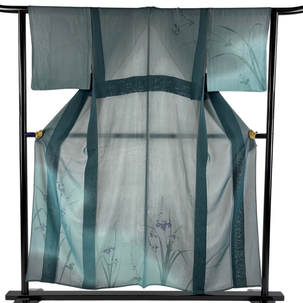 付下げ 身丈152cm 裄丈63cm S 紗絽袷 草花 ぼかし 深緑 正絹 名品 【中古】