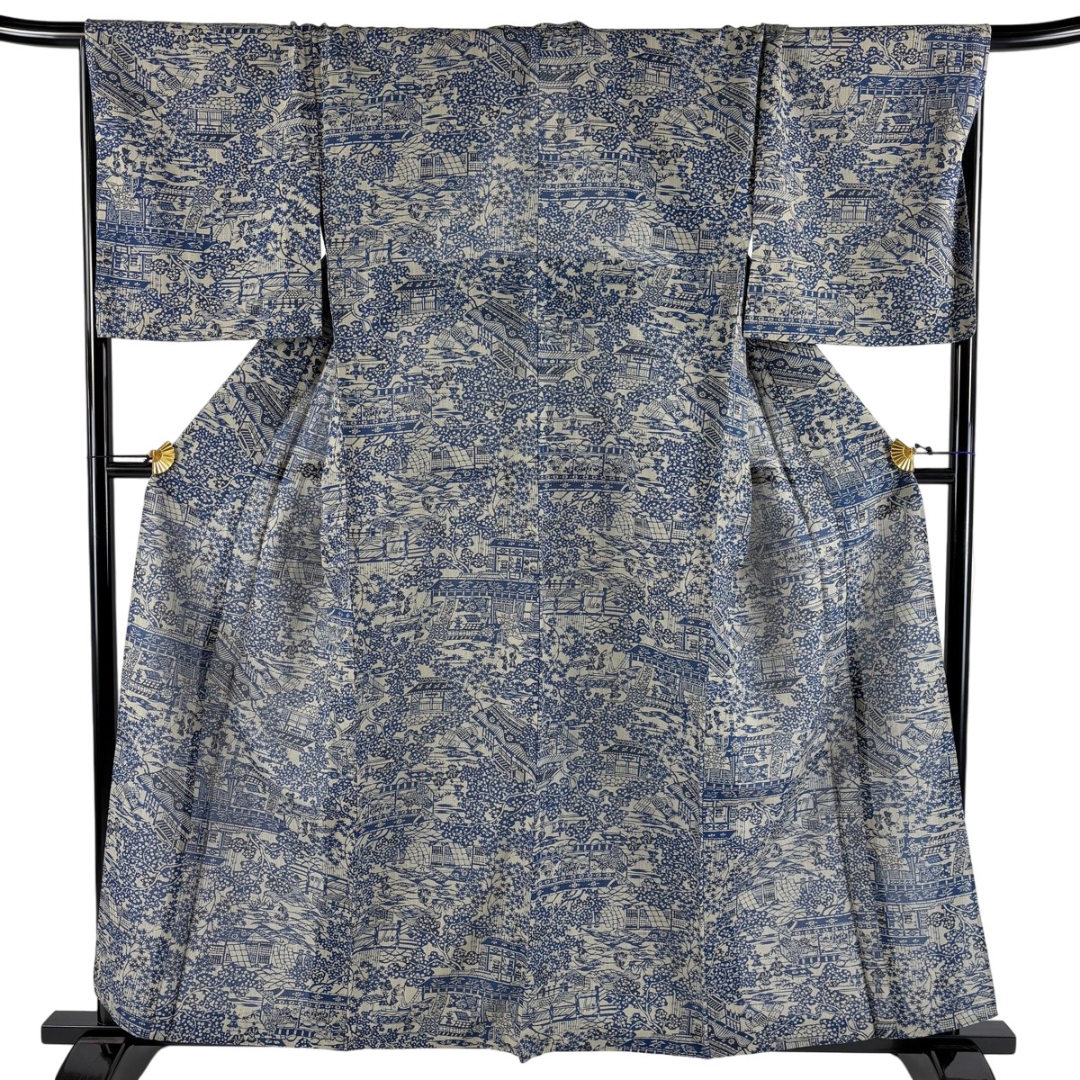 【美品】 小紋 身丈158.5cm 裄丈71cm L 単衣 紬地 建物 人物 灰茶 正絹 名品 【中古】