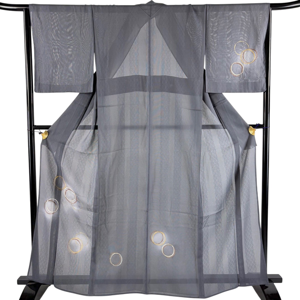 付下げ 身丈164.5cm 裄丈65.5cm M 薄物 丸紋 金彩 灰色 正絹 名品 【中古】