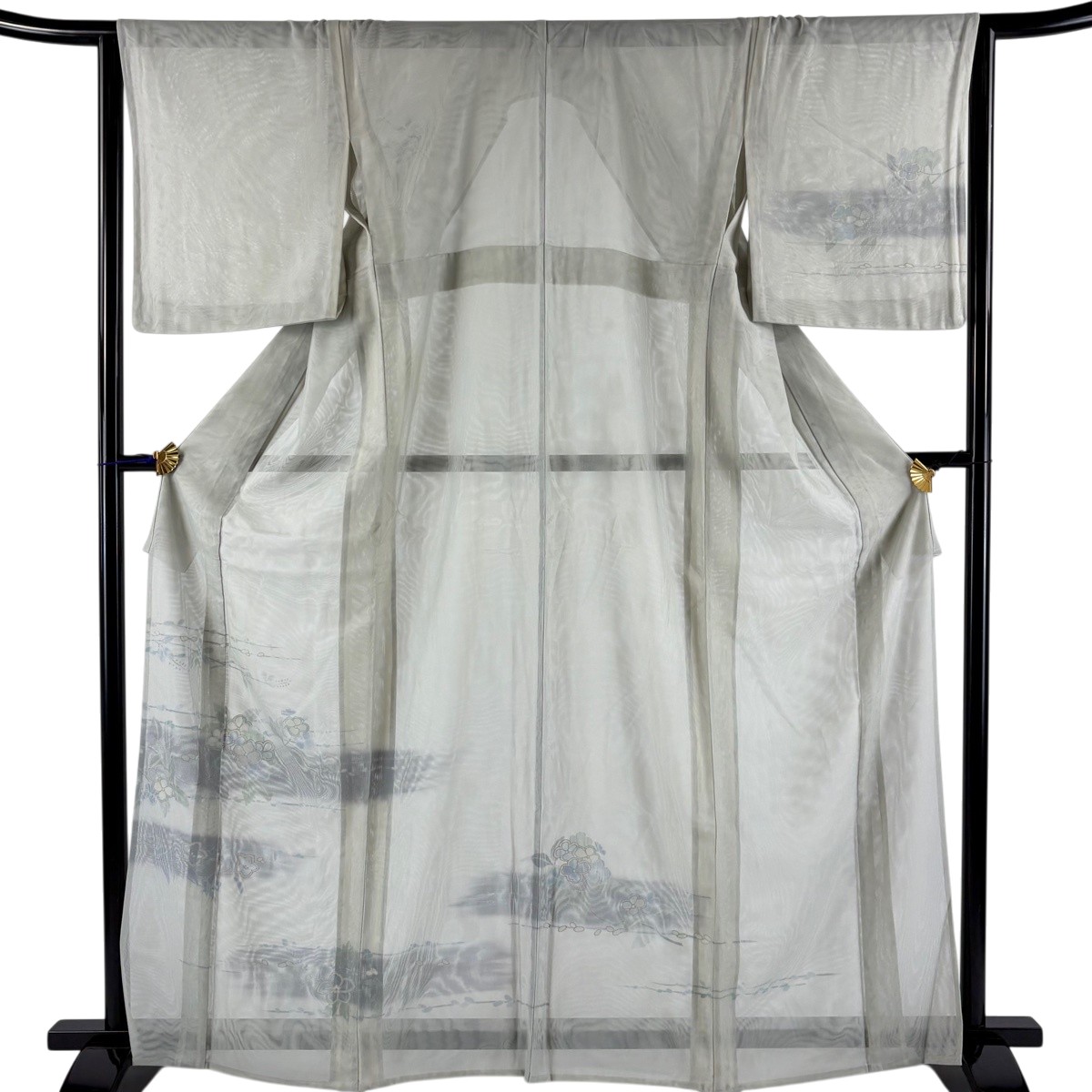 付下げ 身丈165.5cm 裄丈65cm M 紗袷 草花 霞 金彩 灰緑 正絹 名品 【中古】