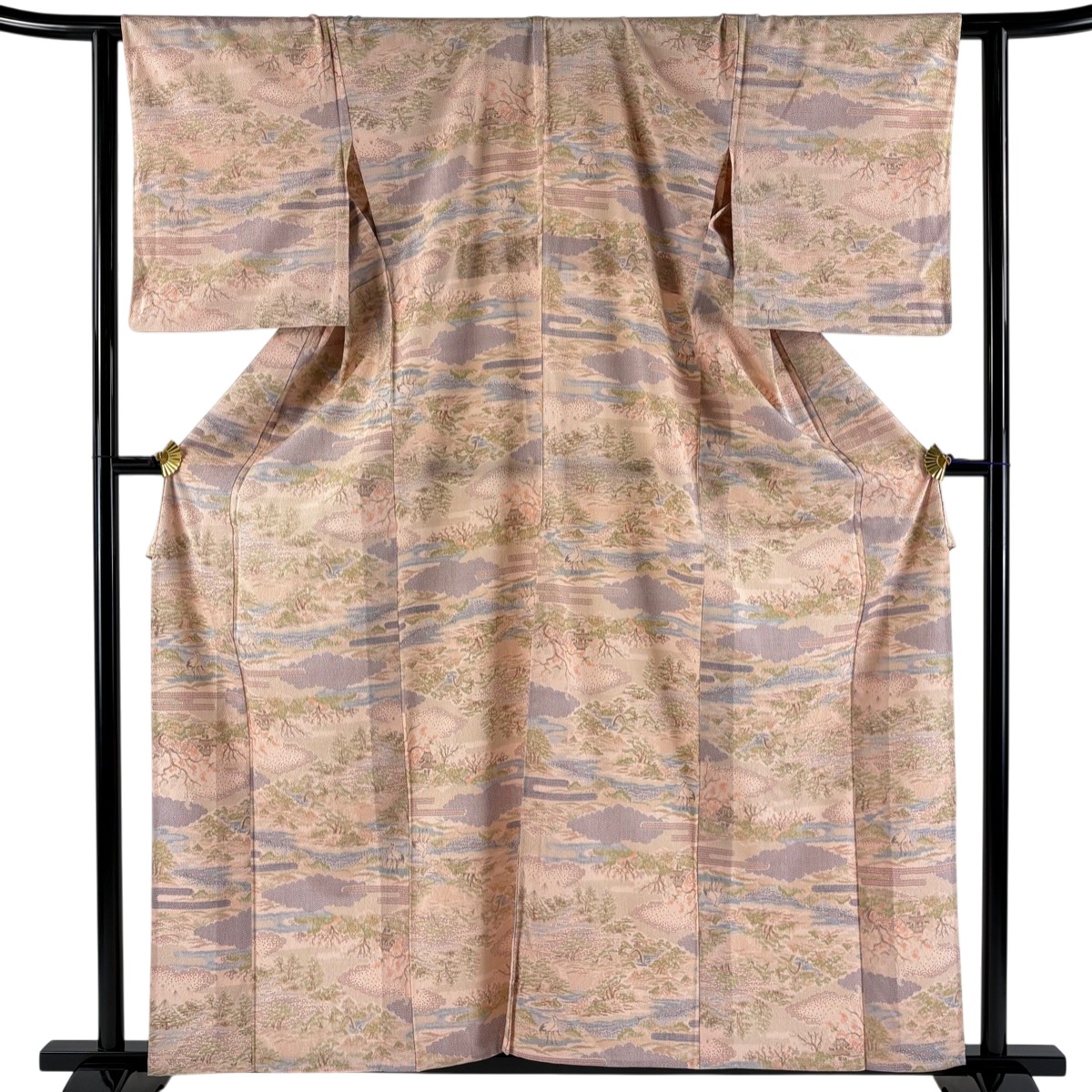【美品】 紬 身丈160cm 裄丈64cm M 単衣 風景 鶴 ピンク 正絹 名品 【中古】
